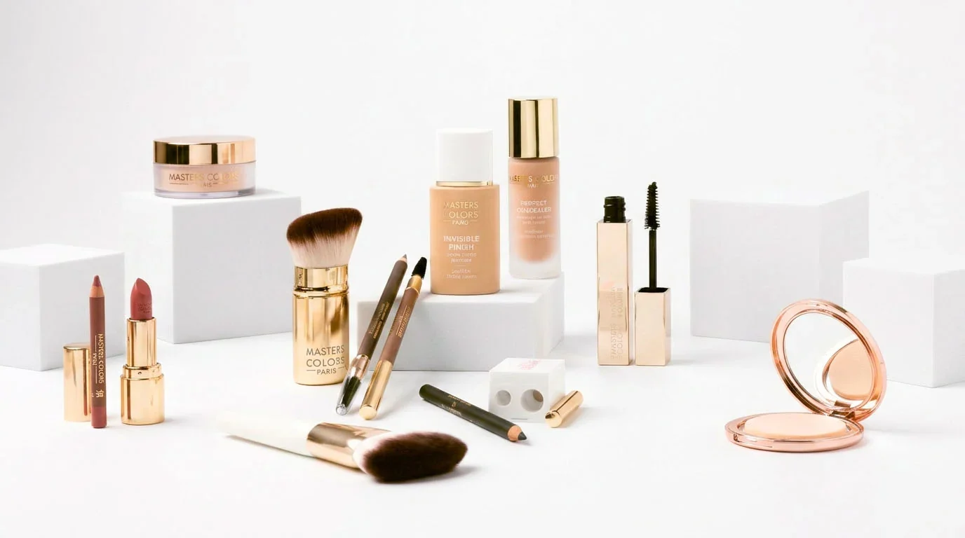 Produits de maquillage Masters Colors : rouge à lèvres, fond de teint, mascara, poudre